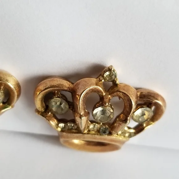 Relisted-Vintage crown shaped clip earrings gold tone clear rhinestones royal - Picture 10 of 17